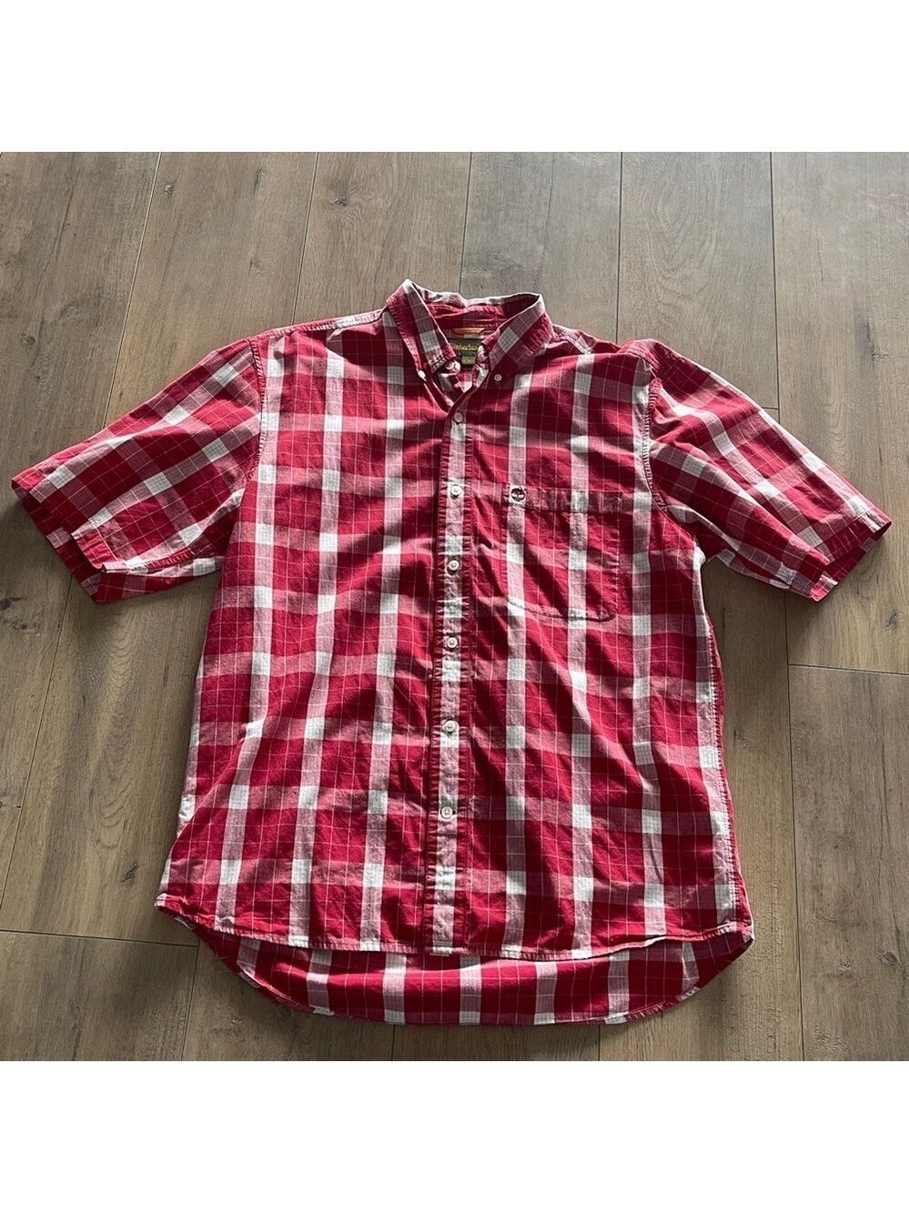 Timberland Men's Short Sleeve Button Down Shirt Sz L Red White Plaid Cotton EUC
